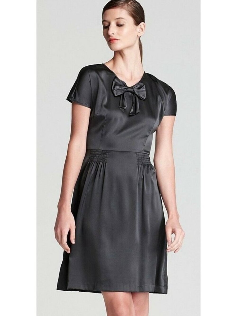 DKNY Women’s Dress Gray Silk Stretch Charmeuse Bow Short Sleeve Size 14